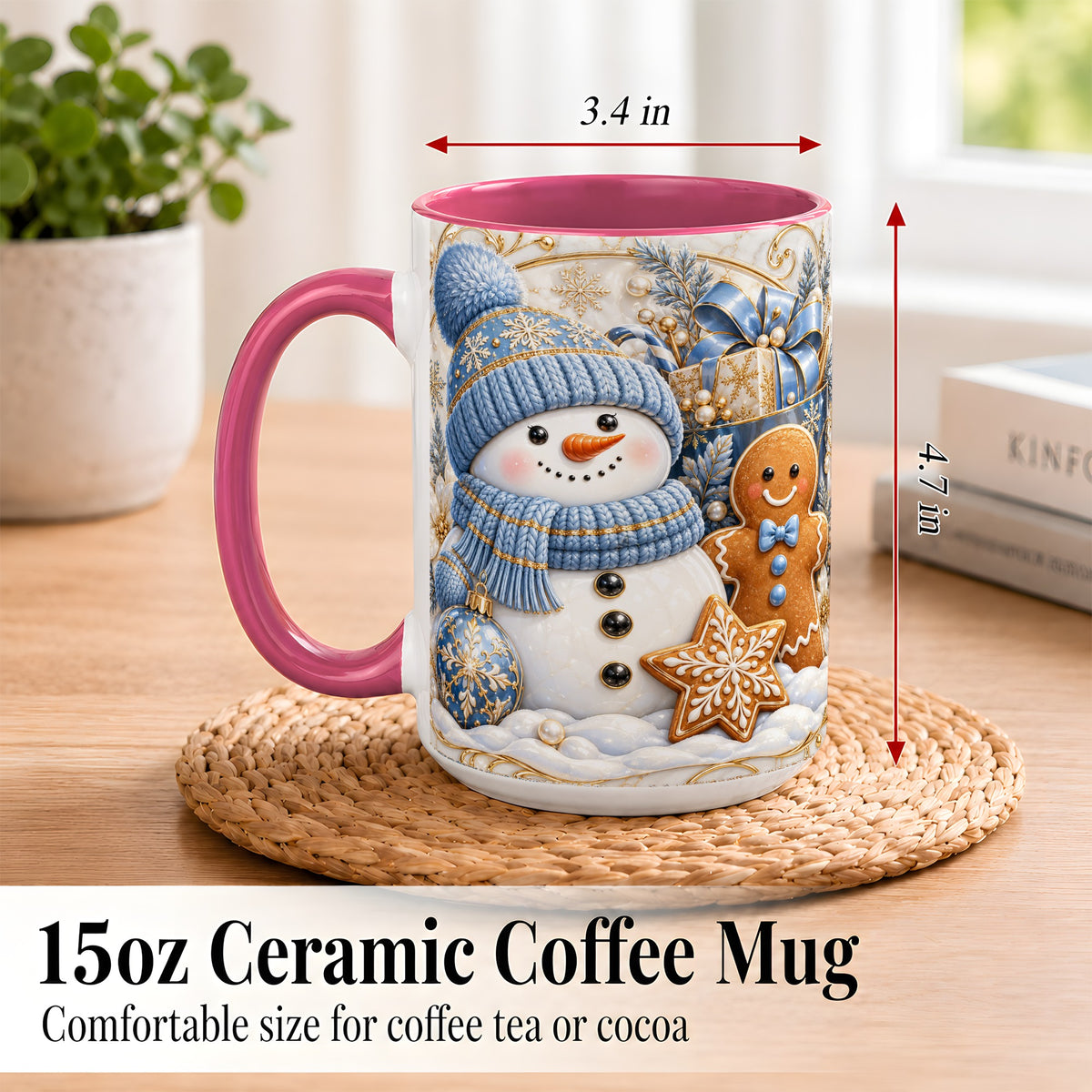 #pl[15oz|Pink] Snowman Gingerbread Coffee Mug, Blue Holiday Mug, Ceramic Cup