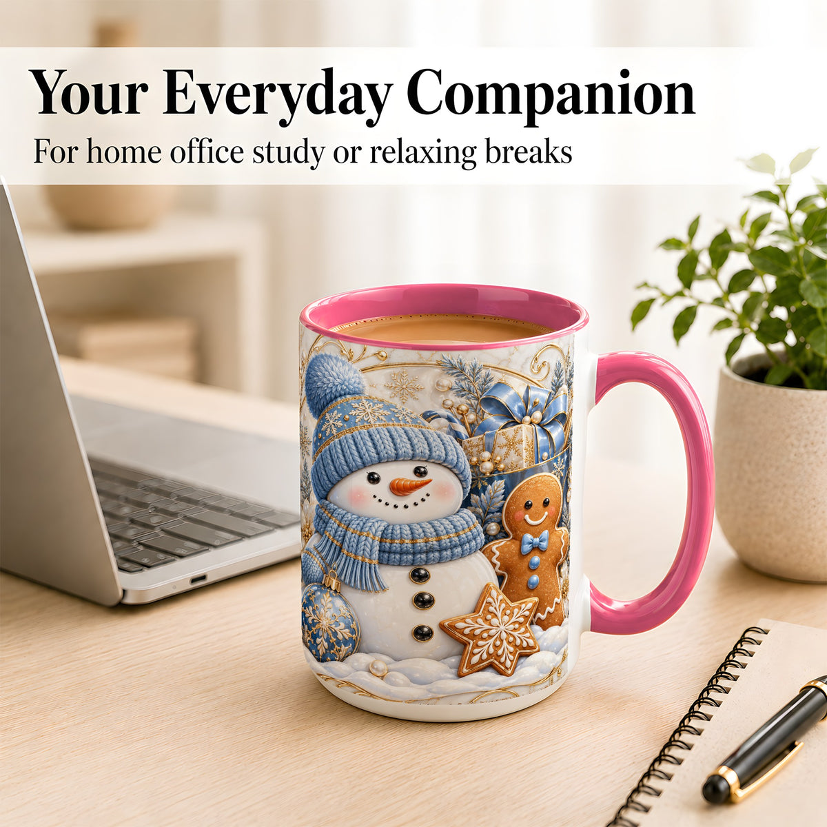 #pl[15oz|Pink] Snowman Gingerbread Coffee Mug, Blue Holiday Mug, Ceramic Cup