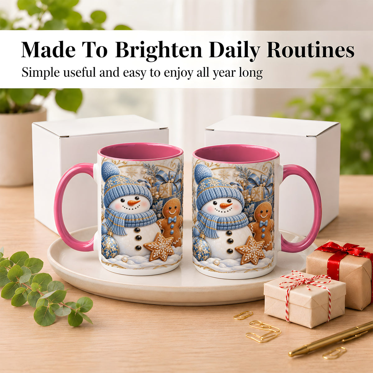 #pl[15oz|Pink] Snowman Gingerbread Coffee Mug, Blue Holiday Mug, Ceramic Cup