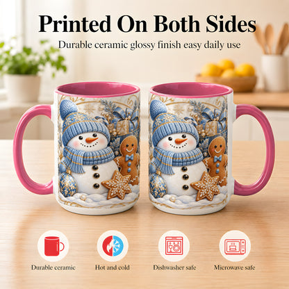 #pl[15oz|Pink] Snowman Gingerbread Coffee Mug, Blue Holiday Mug, Ceramic Cup