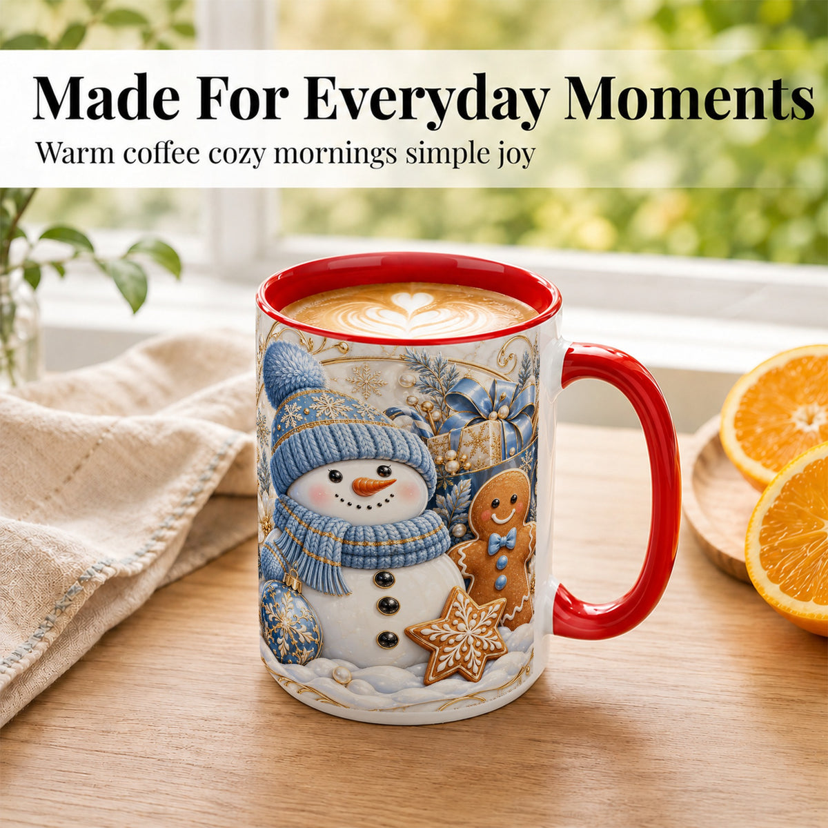 #pl[15oz|Red] Snowman Gingerbread Coffee Mug, Blue Holiday Mug, Ceramic Cup