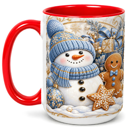 #pl[15oz|Red] Snowman Gingerbread Coffee Mug, Blue Holiday Mug, Ceramic Cup