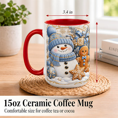 #pl[15oz|Red] Snowman Gingerbread Coffee Mug, Blue Holiday Mug, Ceramic Cup