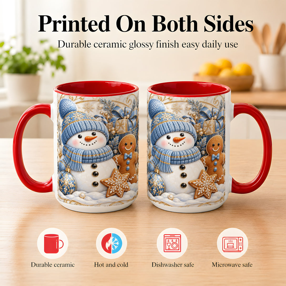 #pl[15oz|Red] Snowman Gingerbread Coffee Mug, Blue Holiday Mug, Ceramic Cup