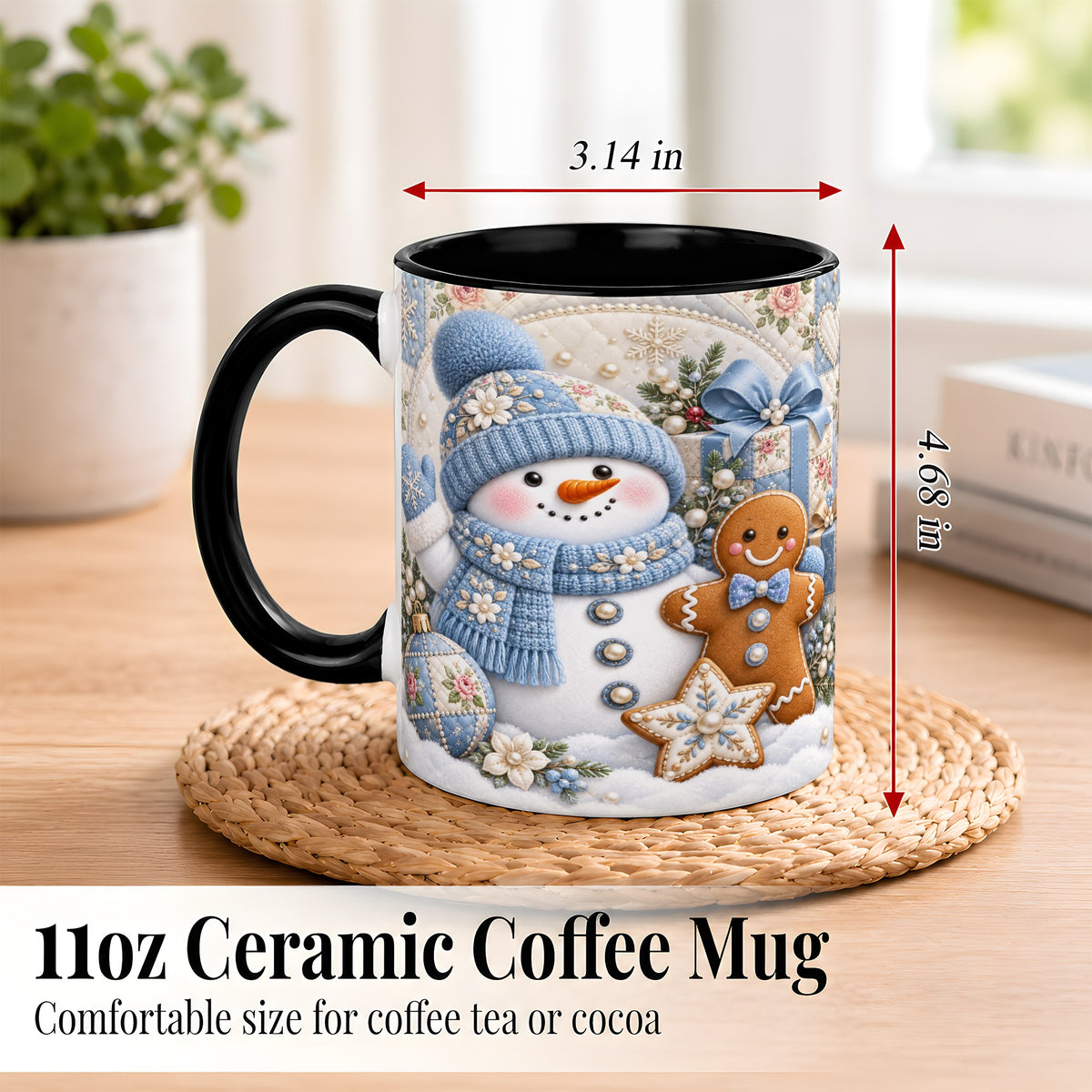#pl[11oz|Black] Snowman Gingerbread Coffee Mug, Winter Snowman Mug, Ceramic Cup