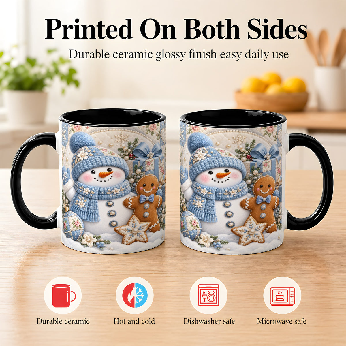 #pl[11oz|Black] Snowman Gingerbread Coffee Mug, Winter Snowman Mug, Ceramic Cup