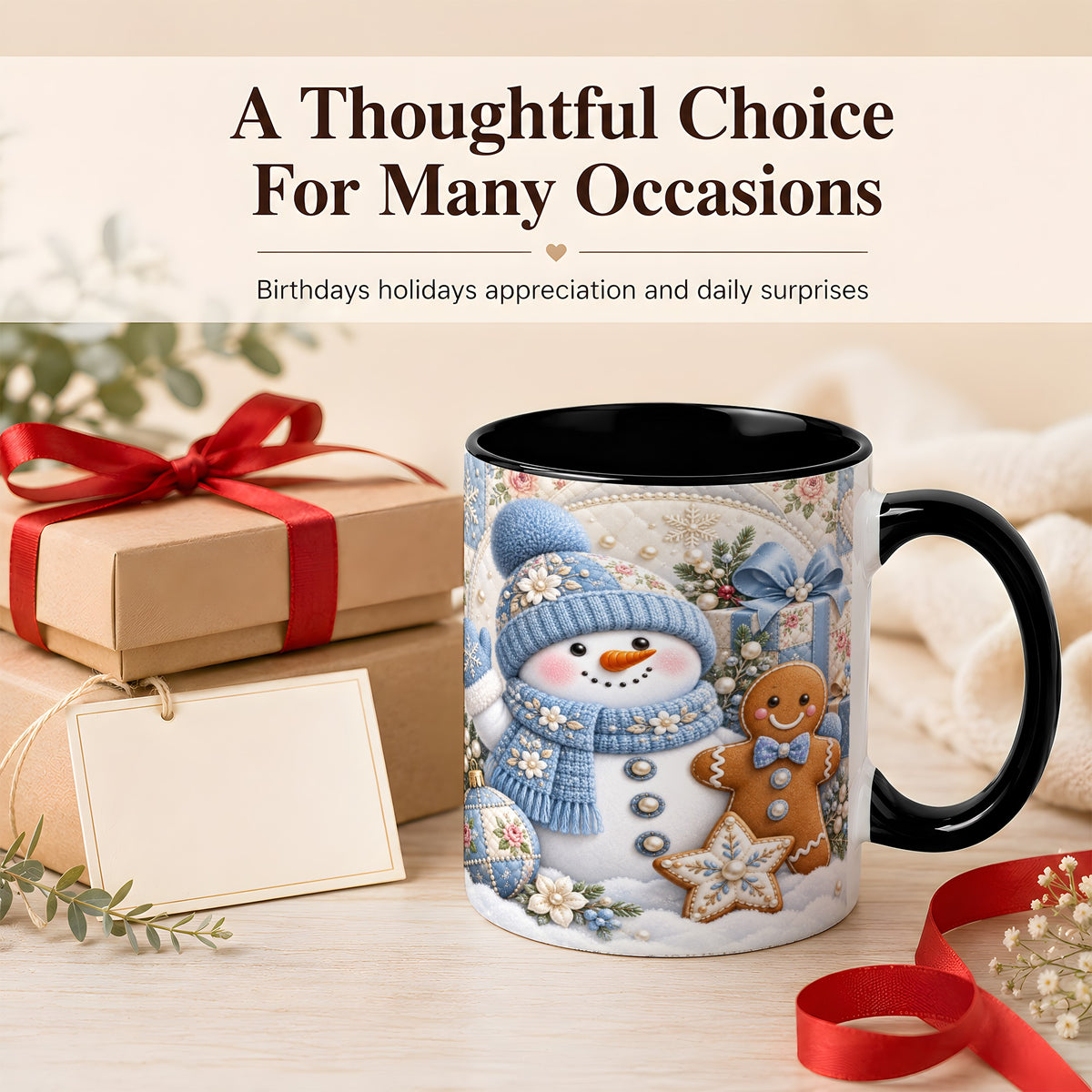 #pl[11oz|Black] Snowman Gingerbread Coffee Mug, Winter Snowman Mug, Ceramic Cup