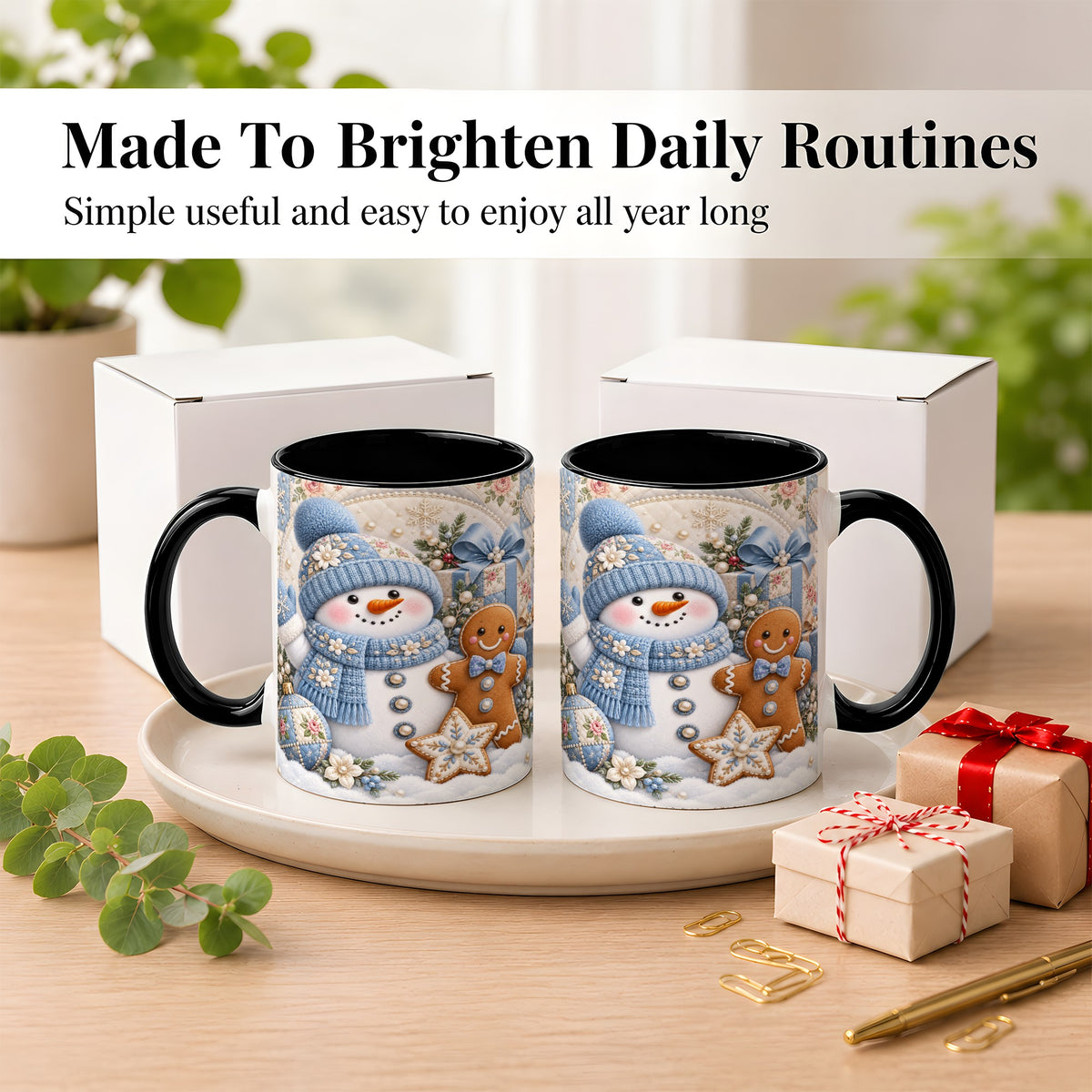 #pl[11oz|Black] Snowman Gingerbread Coffee Mug, Winter Snowman Mug, Ceramic Cup