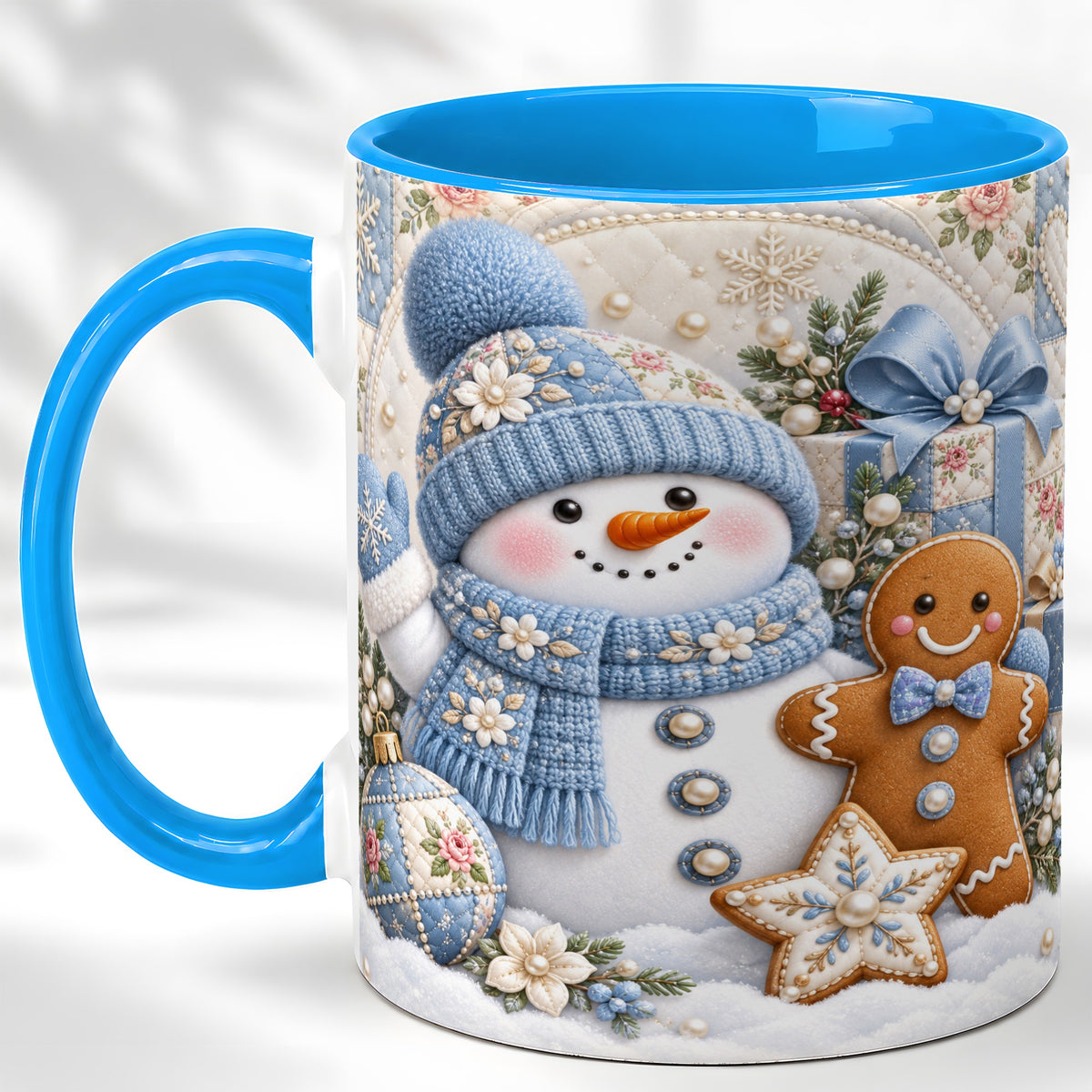 #pl[11oz|Blue] Snowman Gingerbread Coffee Mug, Winter Snowman Mug, Ceramic Cup