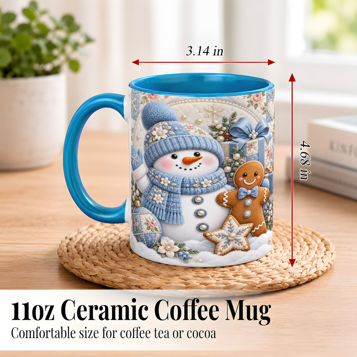 #pl[11oz|Blue] Snowman Gingerbread Coffee Mug, Winter Snowman Mug, Ceramic Cup