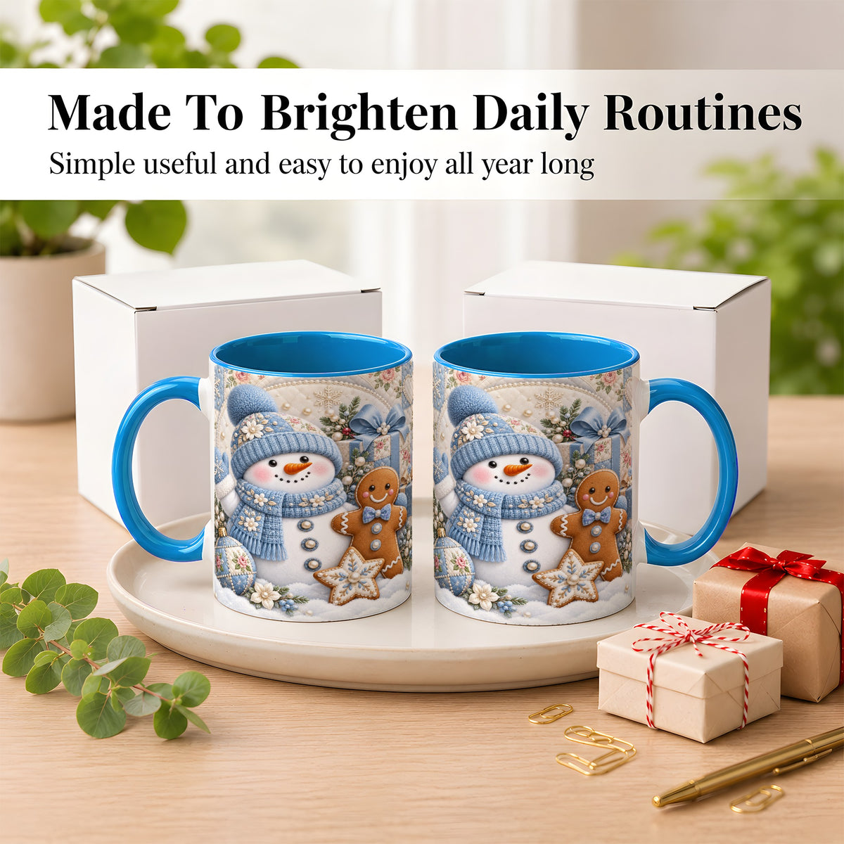 #pl[11oz|Blue] Snowman Gingerbread Coffee Mug, Winter Snowman Mug, Ceramic Cup