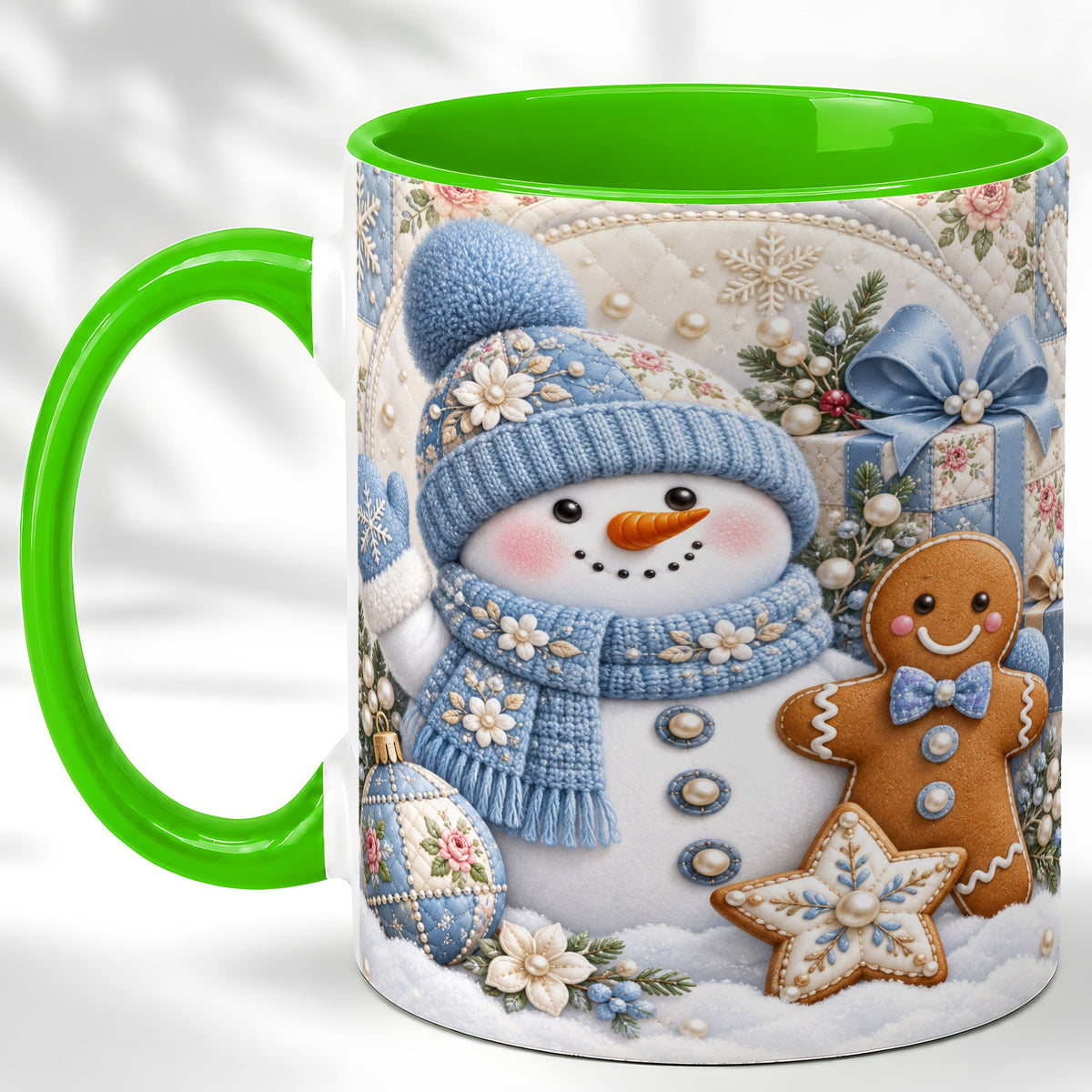 #pl[11oz|Green] Snowman Gingerbread Coffee Mug, Winter Snowman Mug, Ceramic Cup