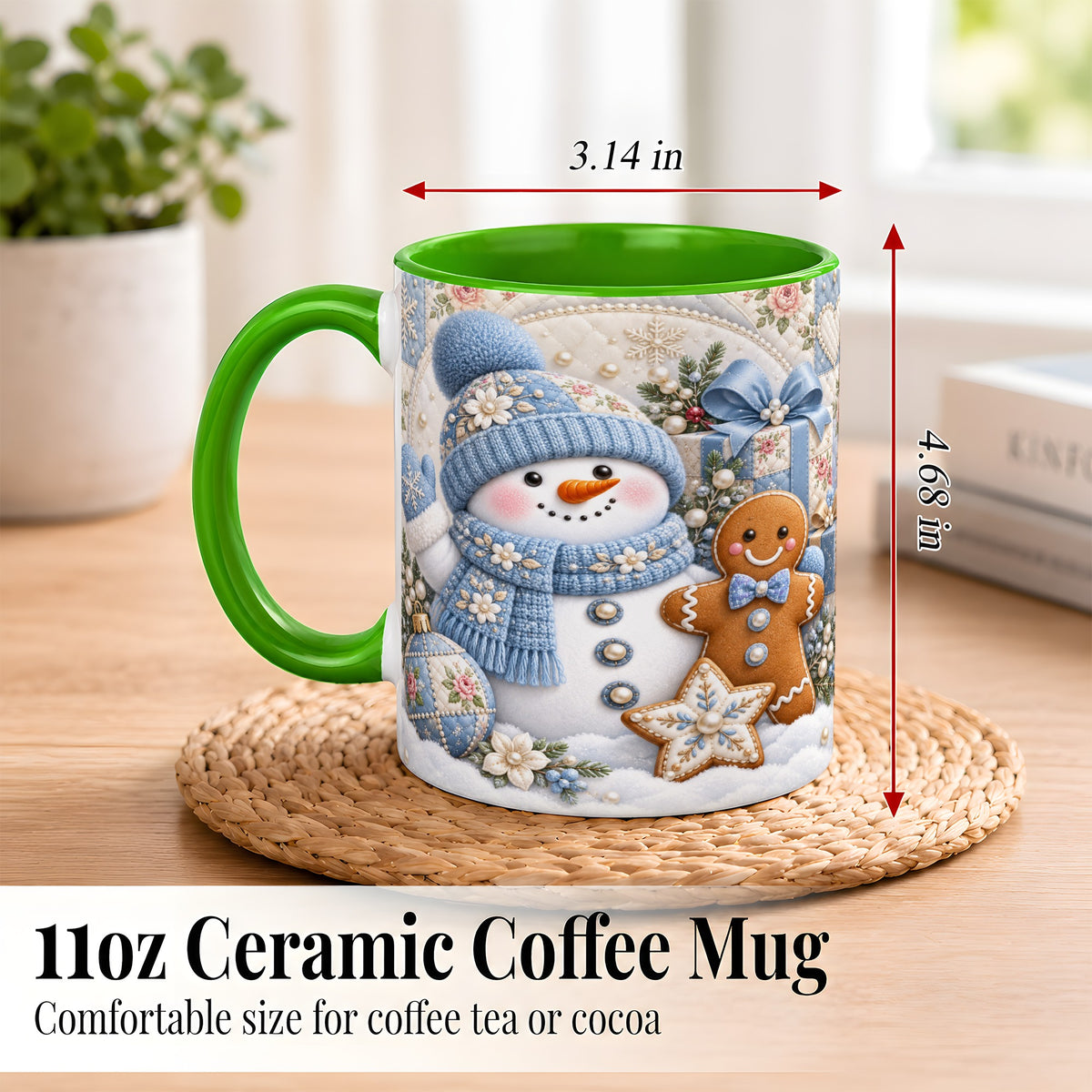 #pl[11oz|Green] Snowman Gingerbread Coffee Mug, Winter Snowman Mug, Ceramic Cup