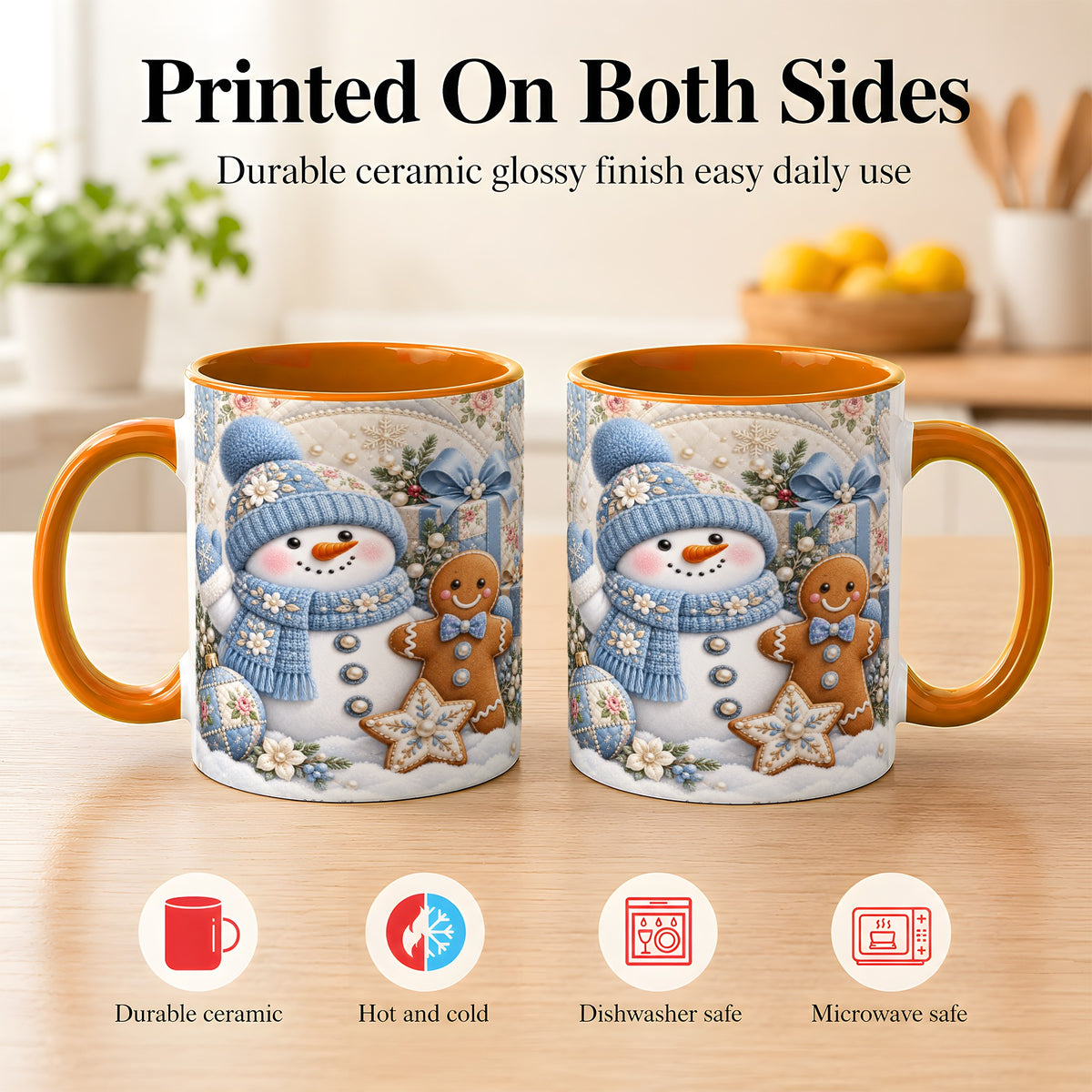 #pl[11oz|Orange] Snowman Gingerbread Coffee Mug, Winter Snowman Mug, Ceramic Cup