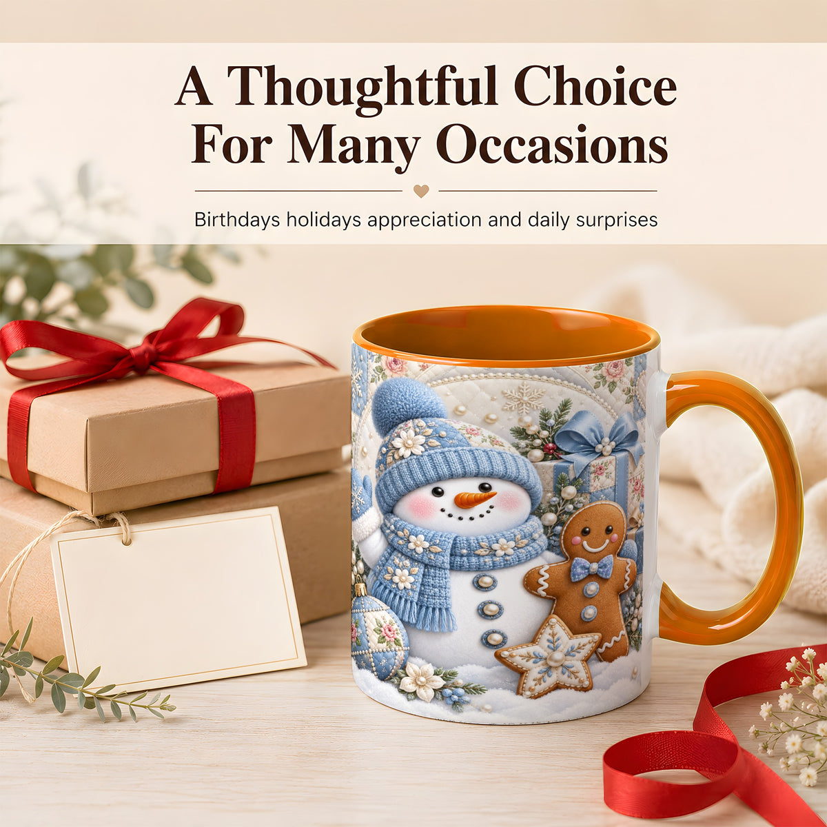 #pl[11oz|Orange] Snowman Gingerbread Coffee Mug, Winter Snowman Mug, Ceramic Cup