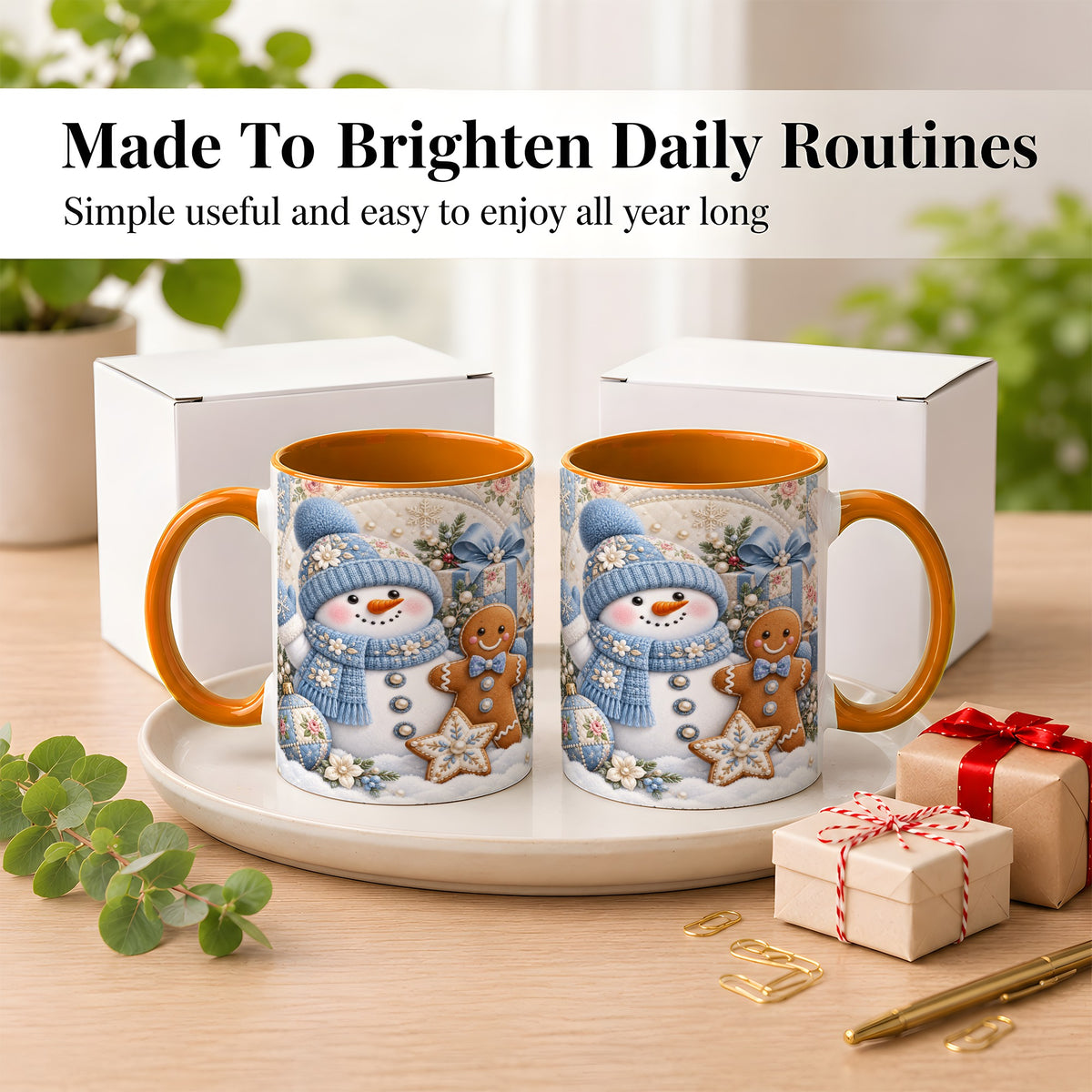 #pl[11oz|Orange] Snowman Gingerbread Coffee Mug, Winter Snowman Mug, Ceramic Cup