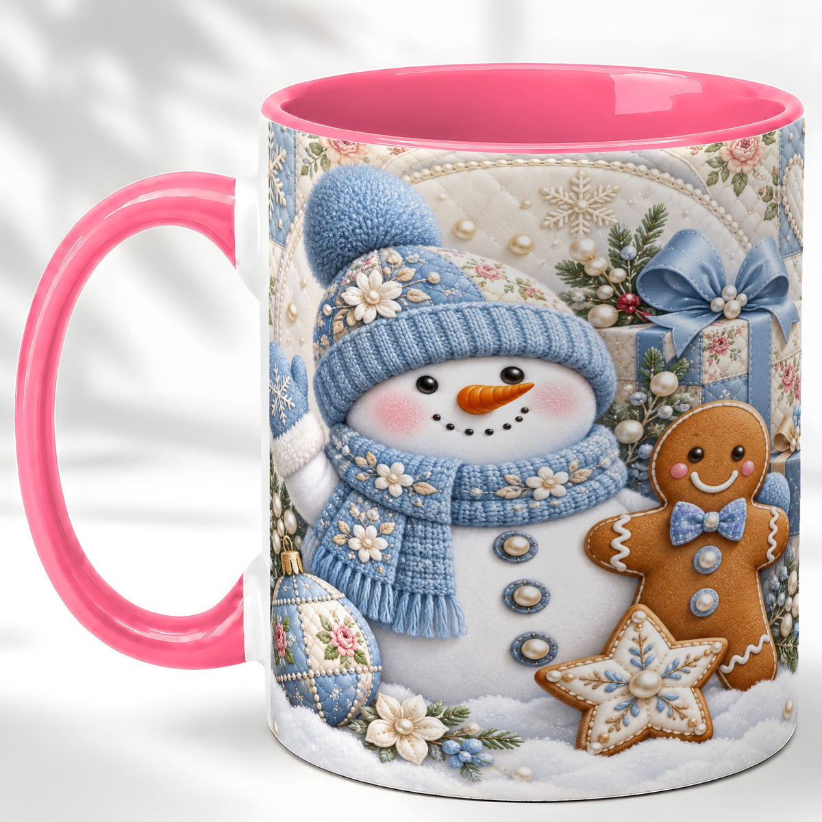 #pl[11oz|Pink] Snowman Gingerbread Coffee Mug, Winter Snowman Mug, Ceramic Cup