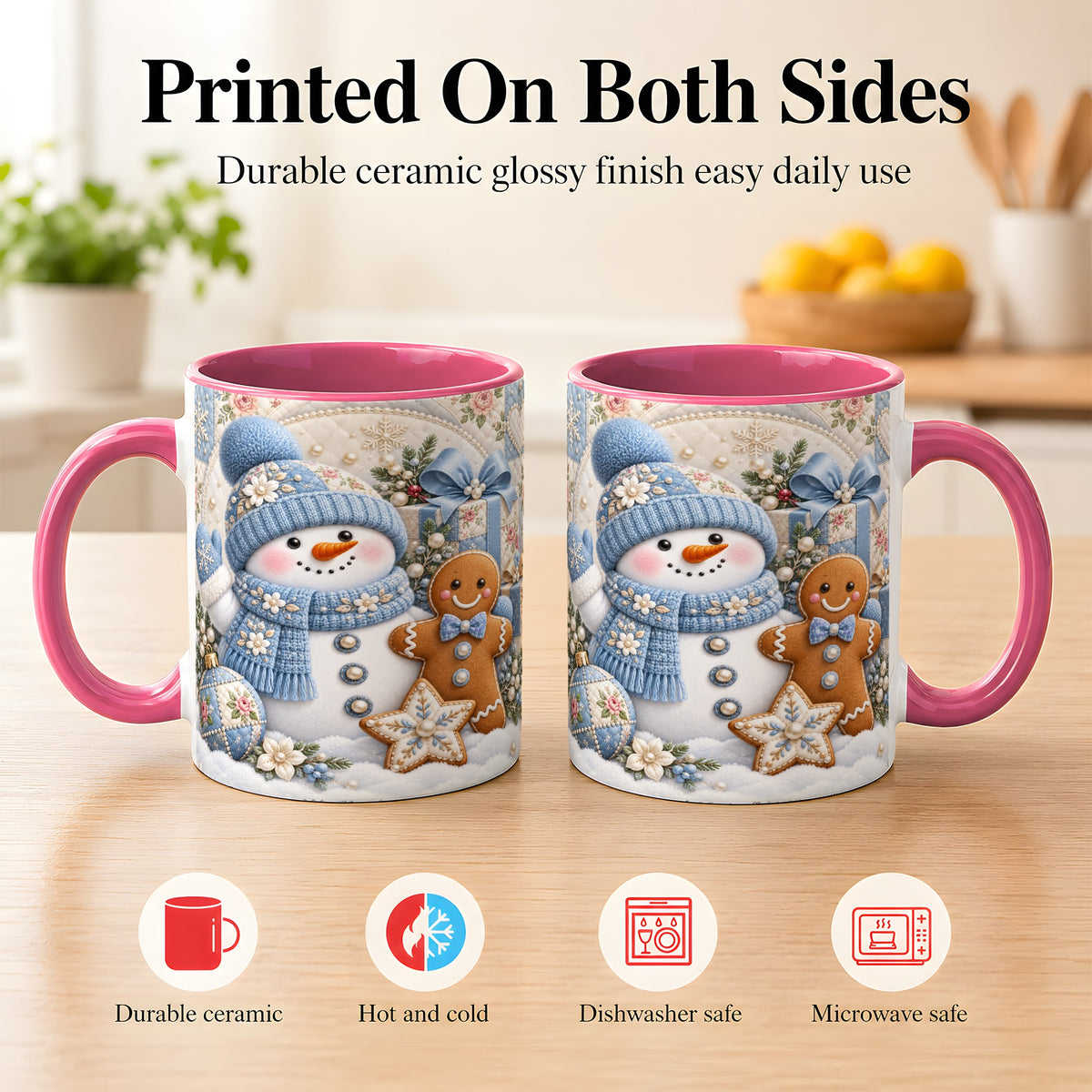 #pl[11oz|Pink] Snowman Gingerbread Coffee Mug, Winter Snowman Mug, Ceramic Cup