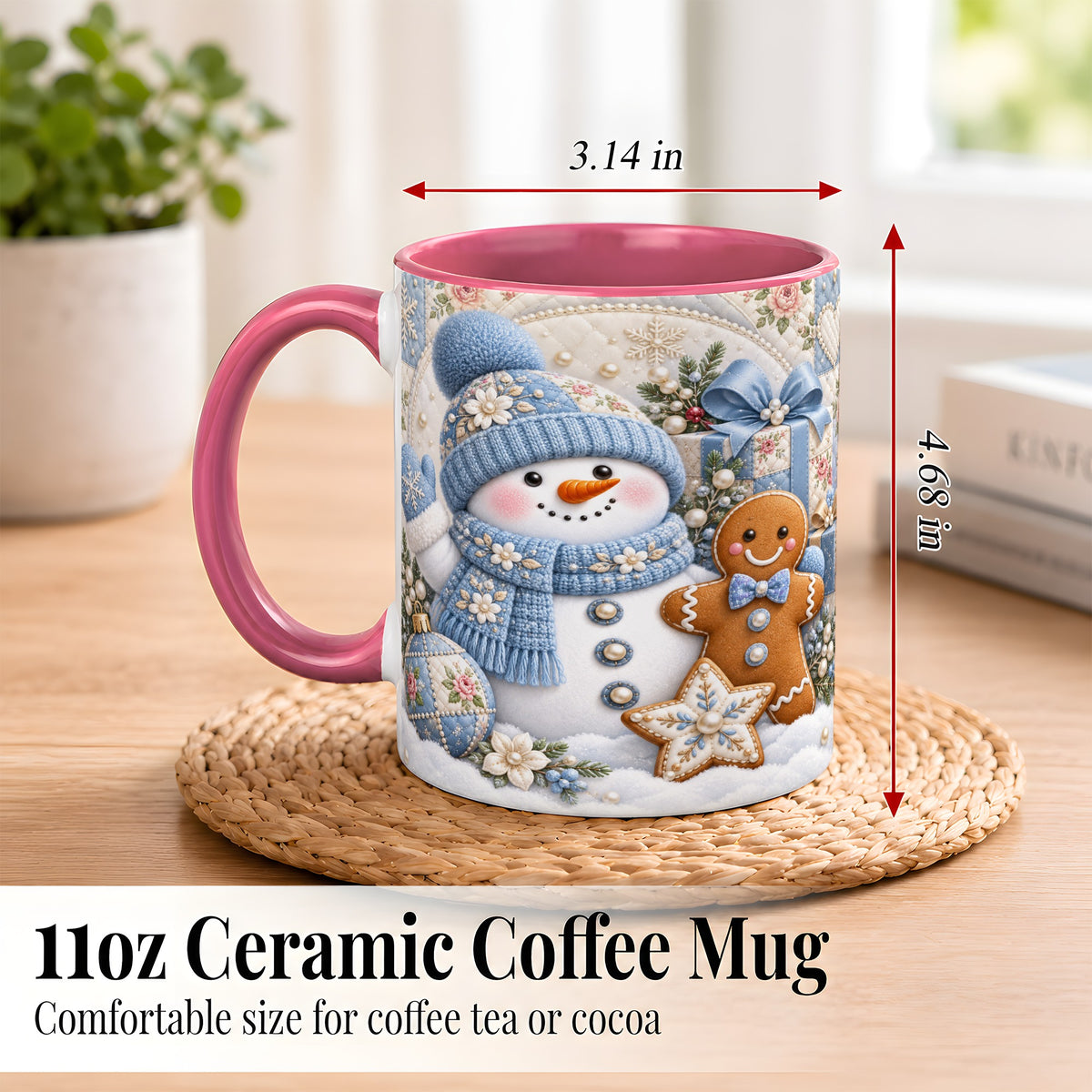 #pl[11oz|Pink] Snowman Gingerbread Coffee Mug, Winter Snowman Mug, Ceramic Cup