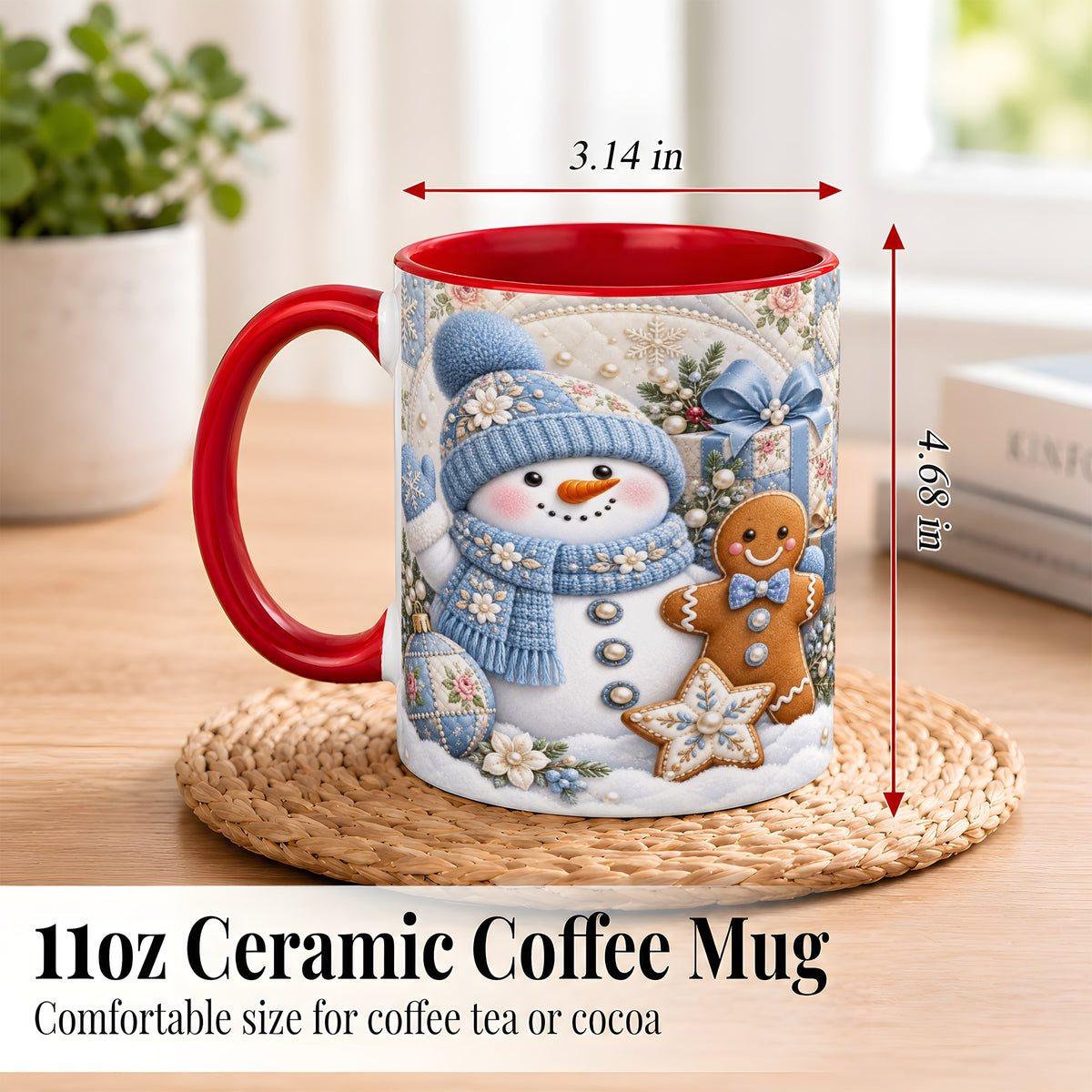 #pl[11oz|Red] Snowman Gingerbread Coffee Mug, Winter Snowman Mug, Ceramic Cup