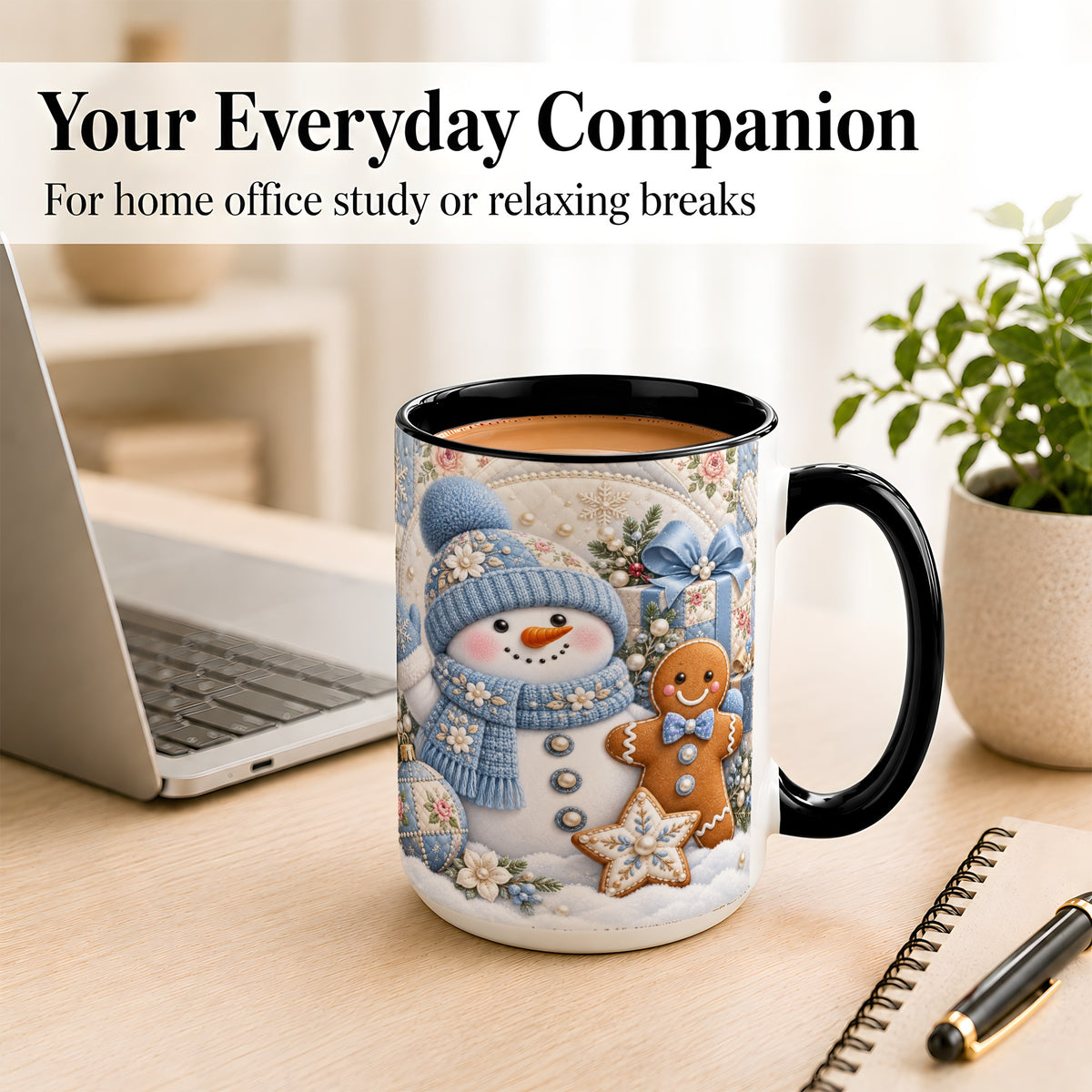 #pl[15oz|Black] Snowman Gingerbread Coffee Mug, Winter Snowman Mug, Ceramic Cup