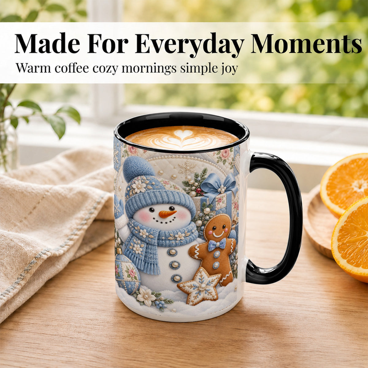 #pl[15oz|Black] Snowman Gingerbread Coffee Mug, Winter Snowman Mug, Ceramic Cup