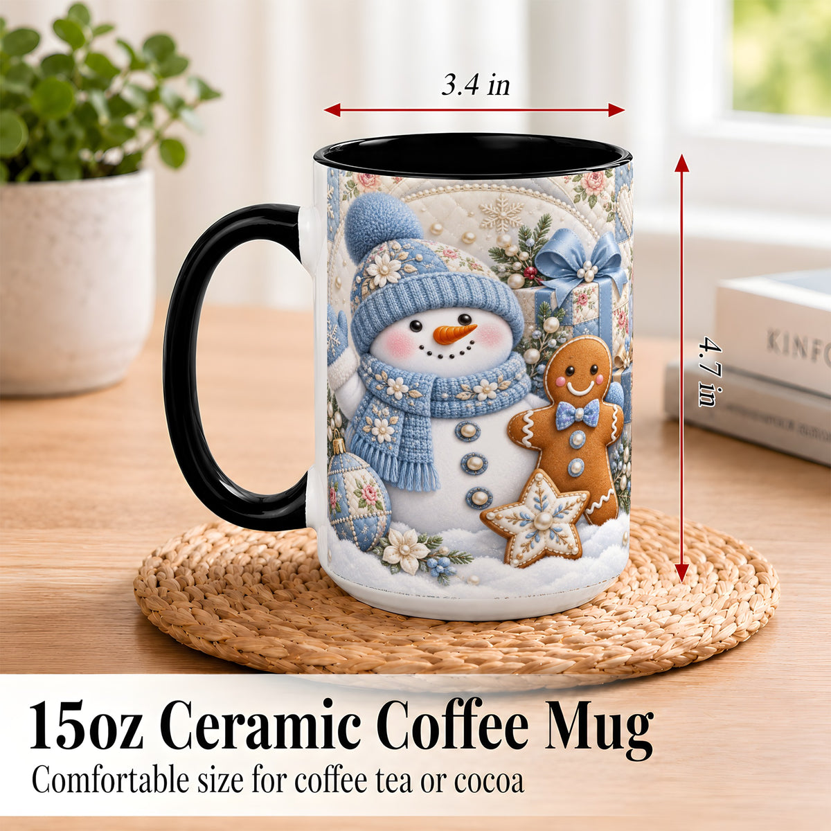#pl[15oz|Black] Snowman Gingerbread Coffee Mug, Winter Snowman Mug, Ceramic Cup