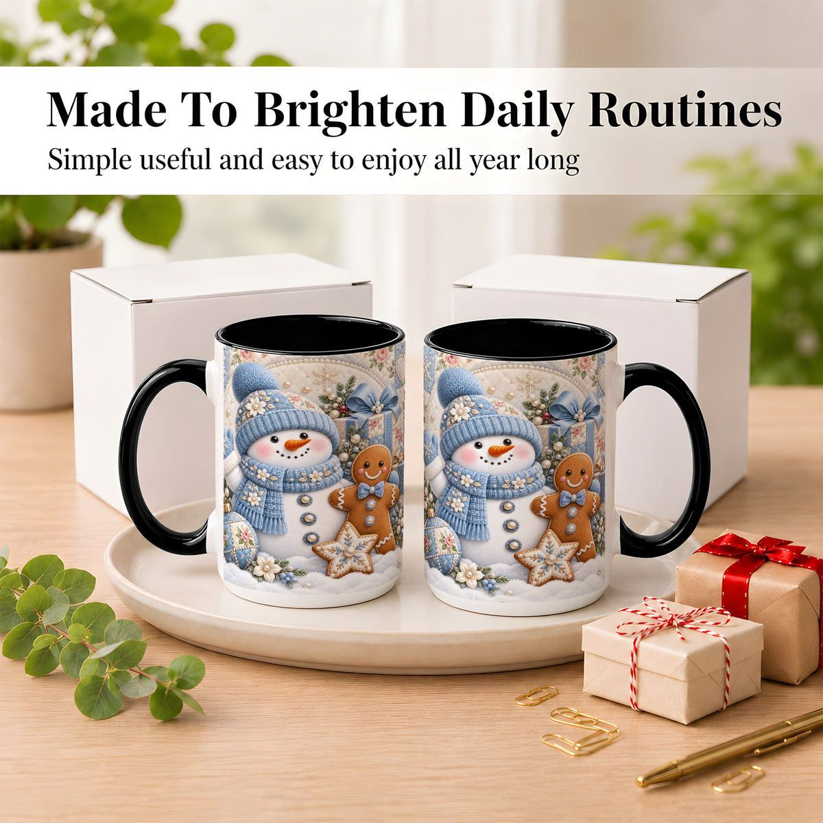 #pl[15oz|Black] Snowman Gingerbread Coffee Mug, Winter Snowman Mug, Ceramic Cup