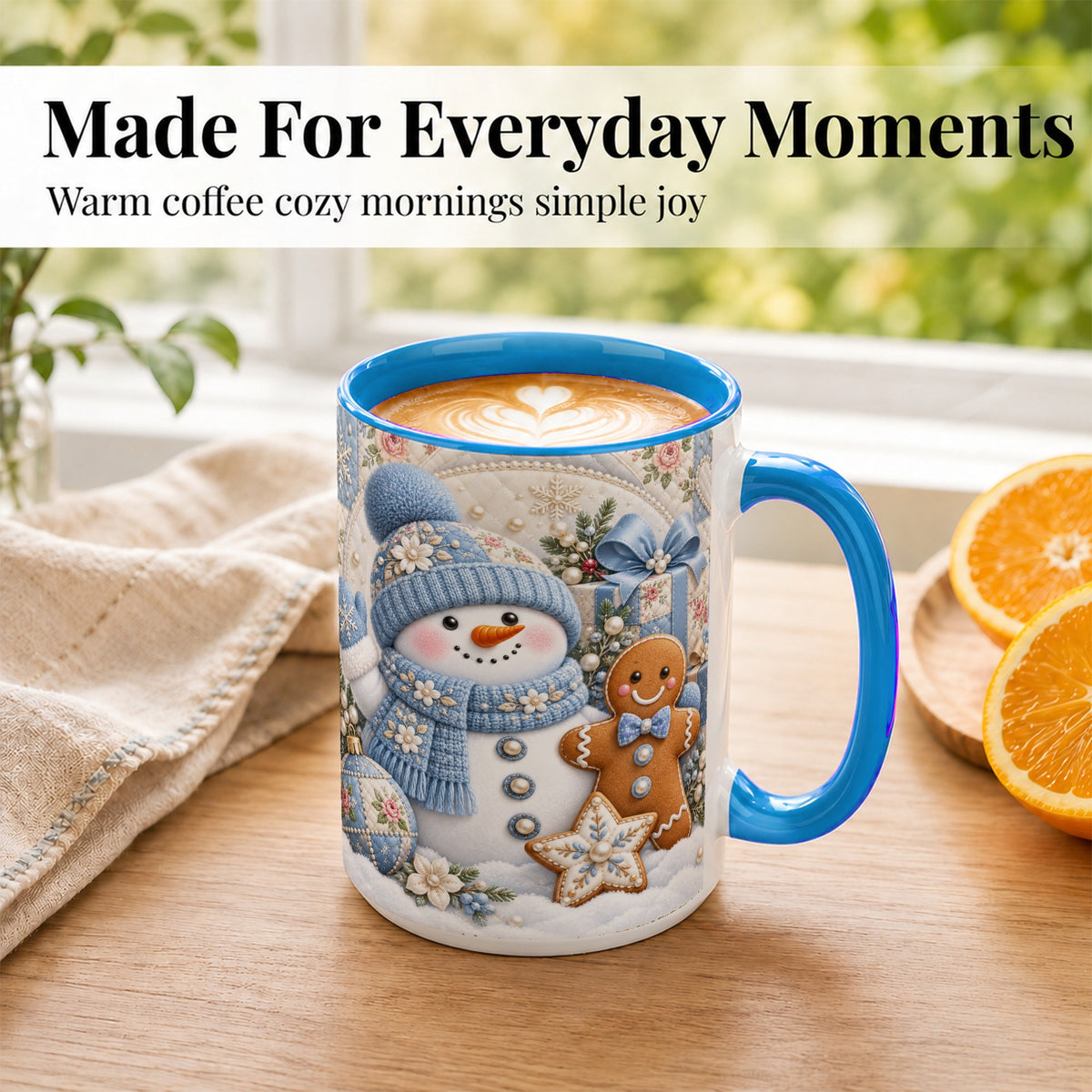 #pl[15oz|Blue] Snowman Gingerbread Coffee Mug, Winter Snowman Mug, Ceramic Cup