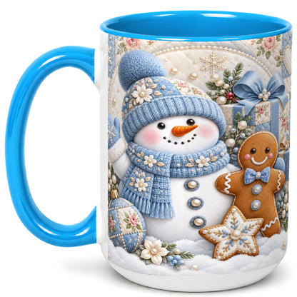 #pl[15oz|Blue] Snowman Gingerbread Coffee Mug, Winter Snowman Mug, Ceramic Cup