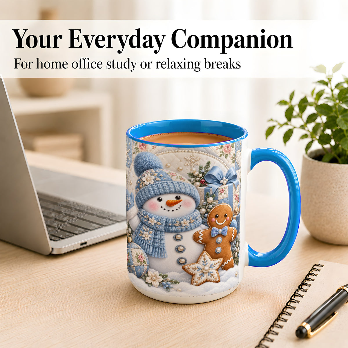 #pl[15oz|Blue] Snowman Gingerbread Coffee Mug, Winter Snowman Mug, Ceramic Cup