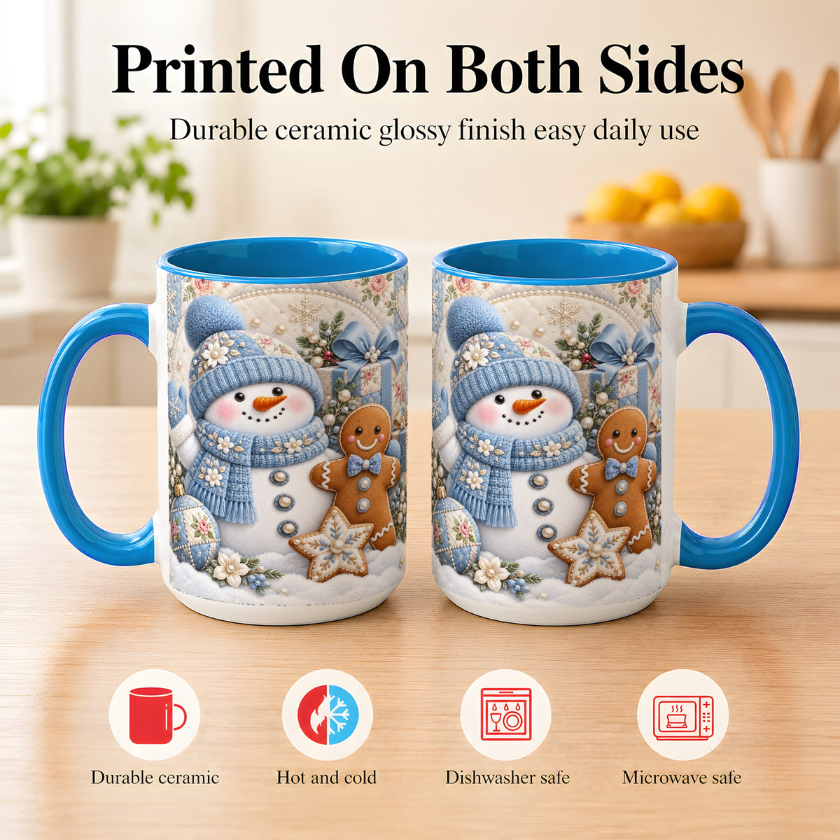 #pl[15oz|Blue] Snowman Gingerbread Coffee Mug, Winter Snowman Mug, Ceramic Cup