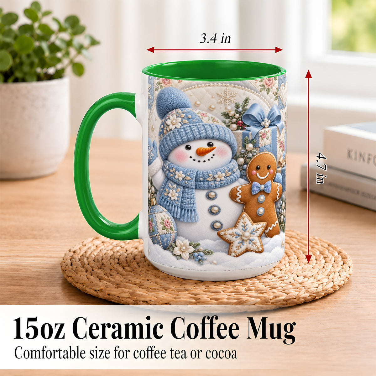 #pl[15oz|Green] Snowman Gingerbread Coffee Mug, Winter Snowman Mug, Ceramic Cup