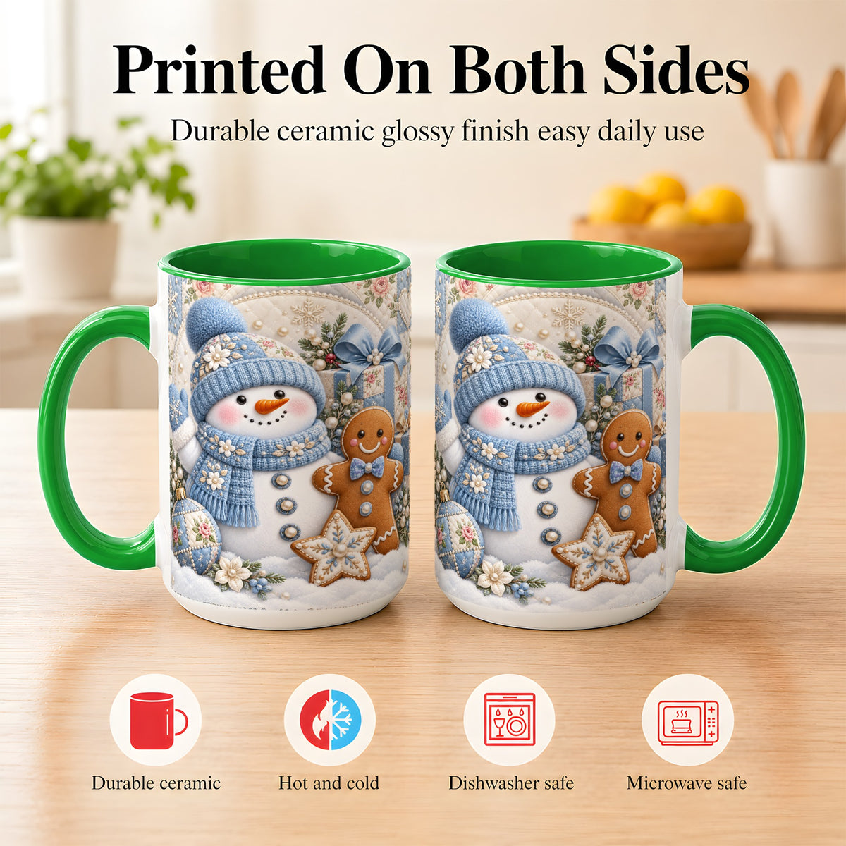 #pl[15oz|Green] Snowman Gingerbread Coffee Mug, Winter Snowman Mug, Ceramic Cup