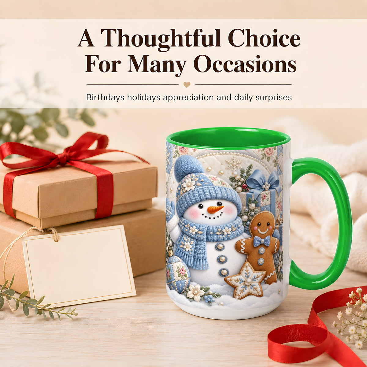#pl[15oz|Green] Snowman Gingerbread Coffee Mug, Winter Snowman Mug, Ceramic Cup