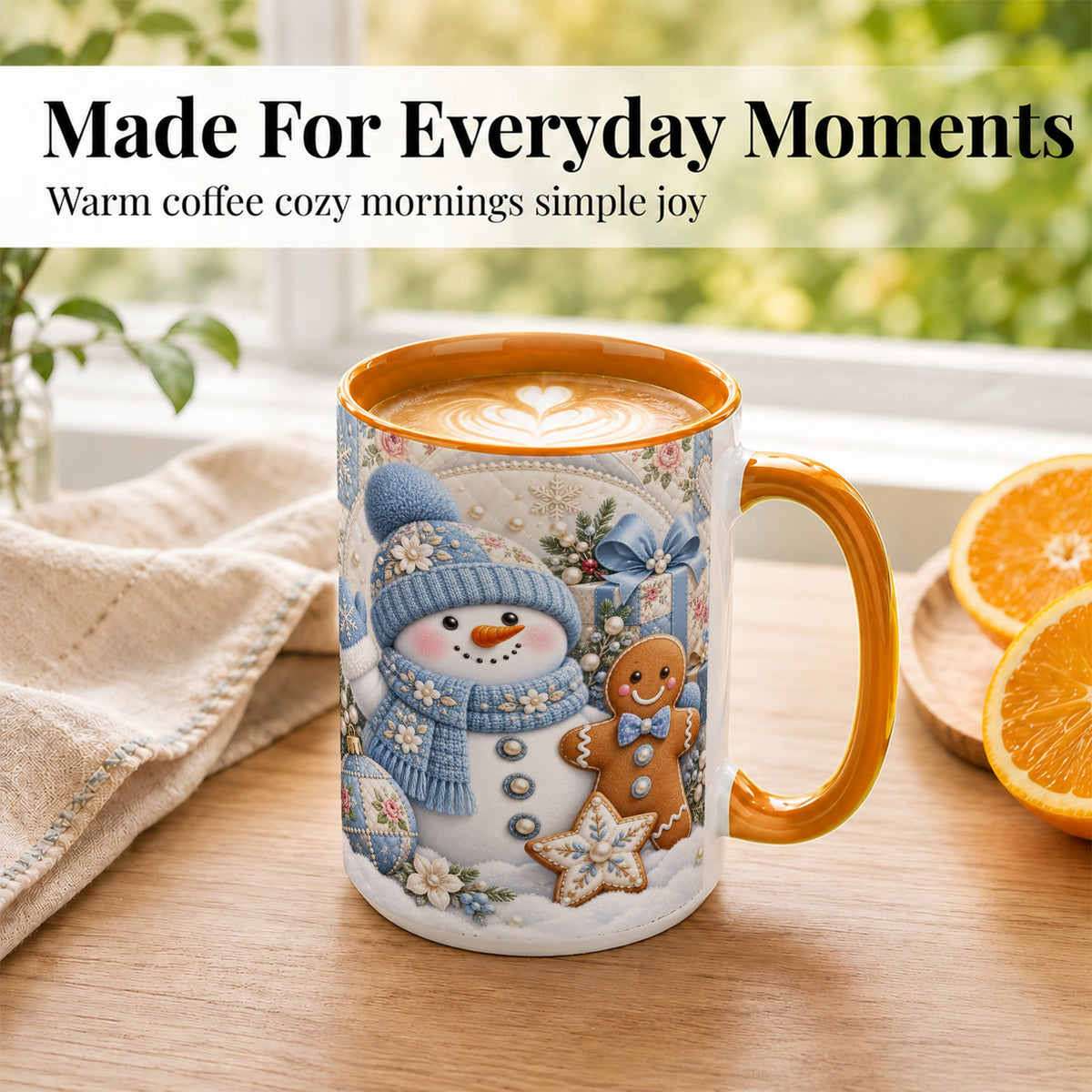#pl[15oz|Orange] Snowman Gingerbread Coffee Mug, Winter Snowman Mug, Ceramic Cup