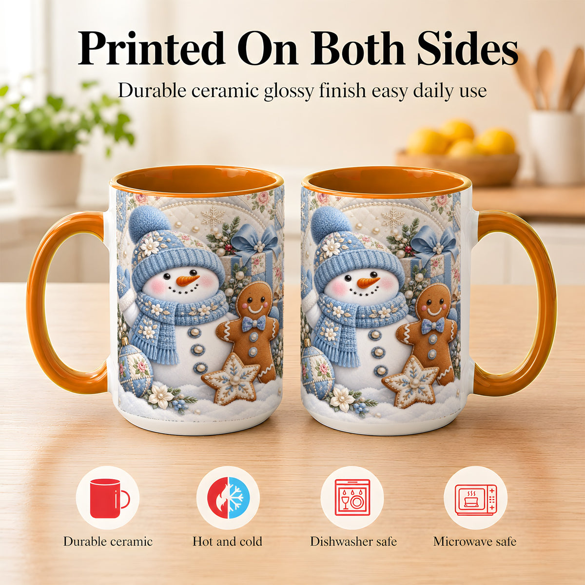 #pl[15oz|Orange] Snowman Gingerbread Coffee Mug, Winter Snowman Mug, Ceramic Cup