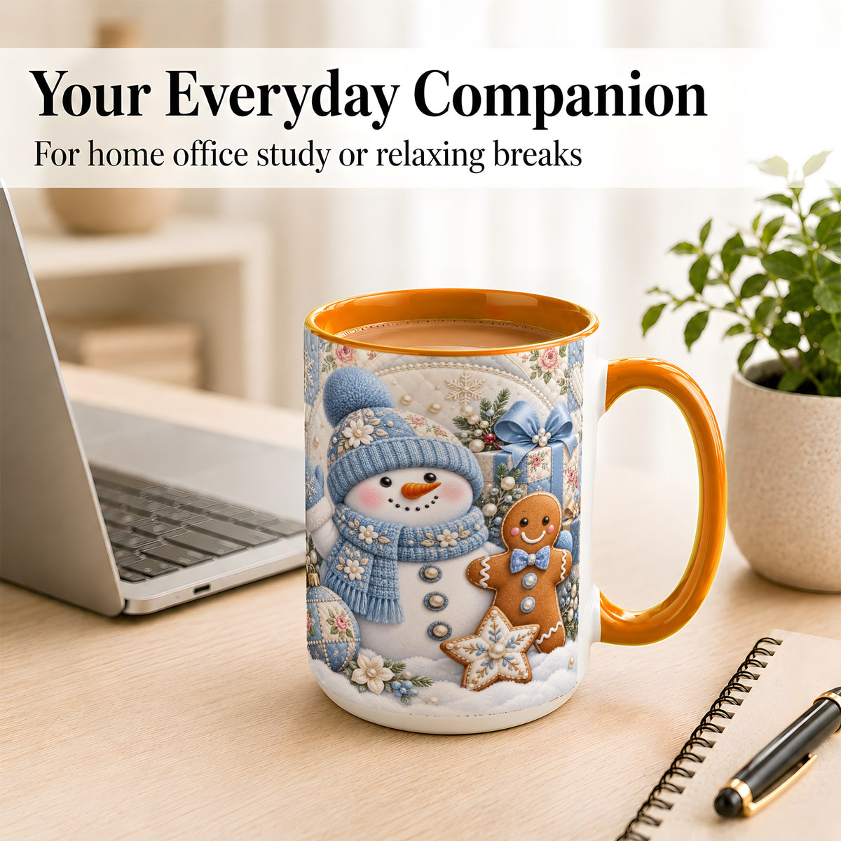 #pl[15oz|Orange] Snowman Gingerbread Coffee Mug, Winter Snowman Mug, Ceramic Cup