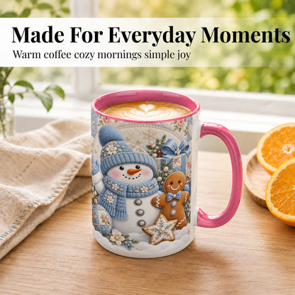 #pl[15oz|Pink] Snowman Gingerbread Coffee Mug, Winter Snowman Mug, Ceramic Cup