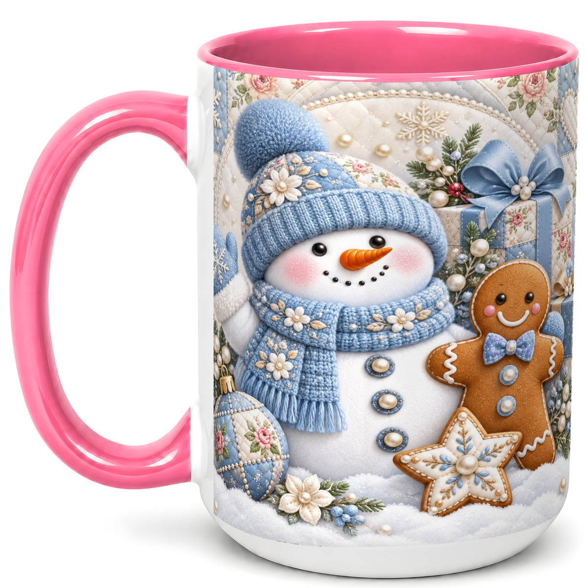 #pl[15oz|Pink] Snowman Gingerbread Coffee Mug, Winter Snowman Mug, Ceramic Cup