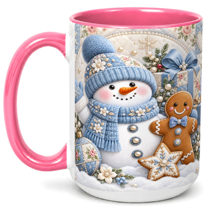 #pl[15oz|Pink] Snowman Gingerbread Coffee Mug, Winter Snowman Mug, Ceramic Cup