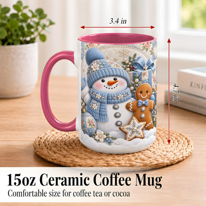 #pl[15oz|Pink] Snowman Gingerbread Coffee Mug, Winter Snowman Mug, Ceramic Cup