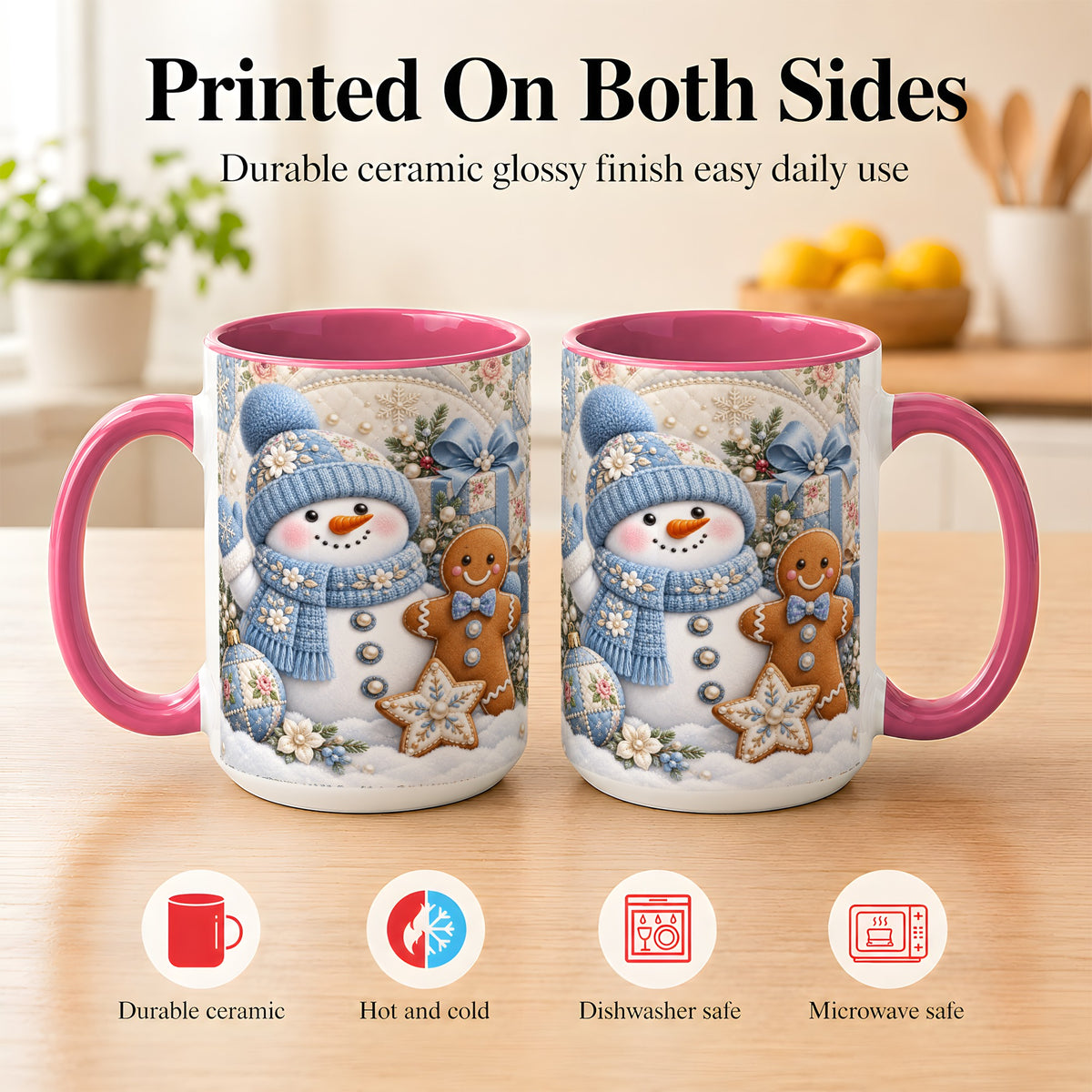 #pl[15oz|Pink] Snowman Gingerbread Coffee Mug, Winter Snowman Mug, Ceramic Cup