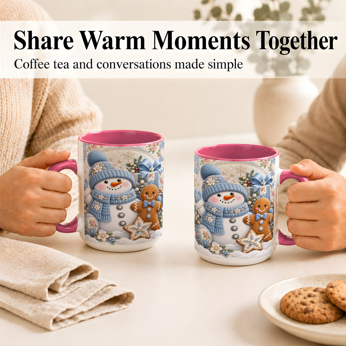 #pl[15oz|Pink] Snowman Gingerbread Coffee Mug, Winter Snowman Mug, Ceramic Cup