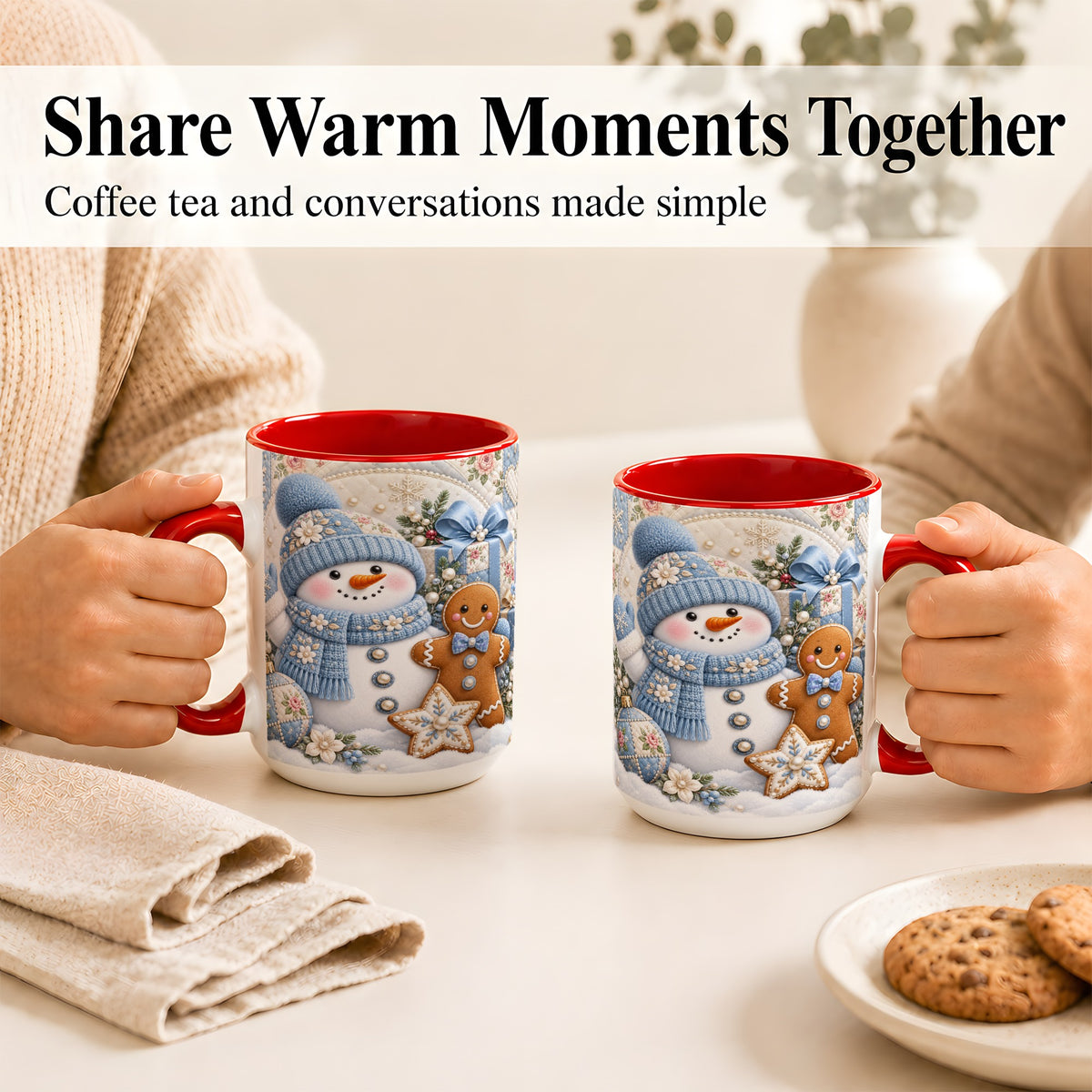 #pl[15oz|Red] Snowman Gingerbread Coffee Mug, Winter Snowman Mug, Ceramic Cup