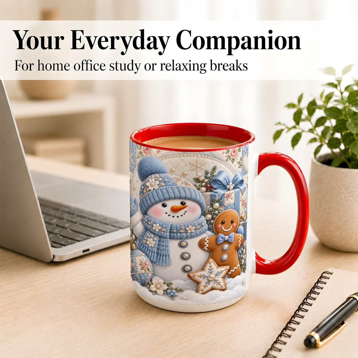 #pl[15oz|Red] Snowman Gingerbread Coffee Mug, Winter Snowman Mug, Ceramic Cup