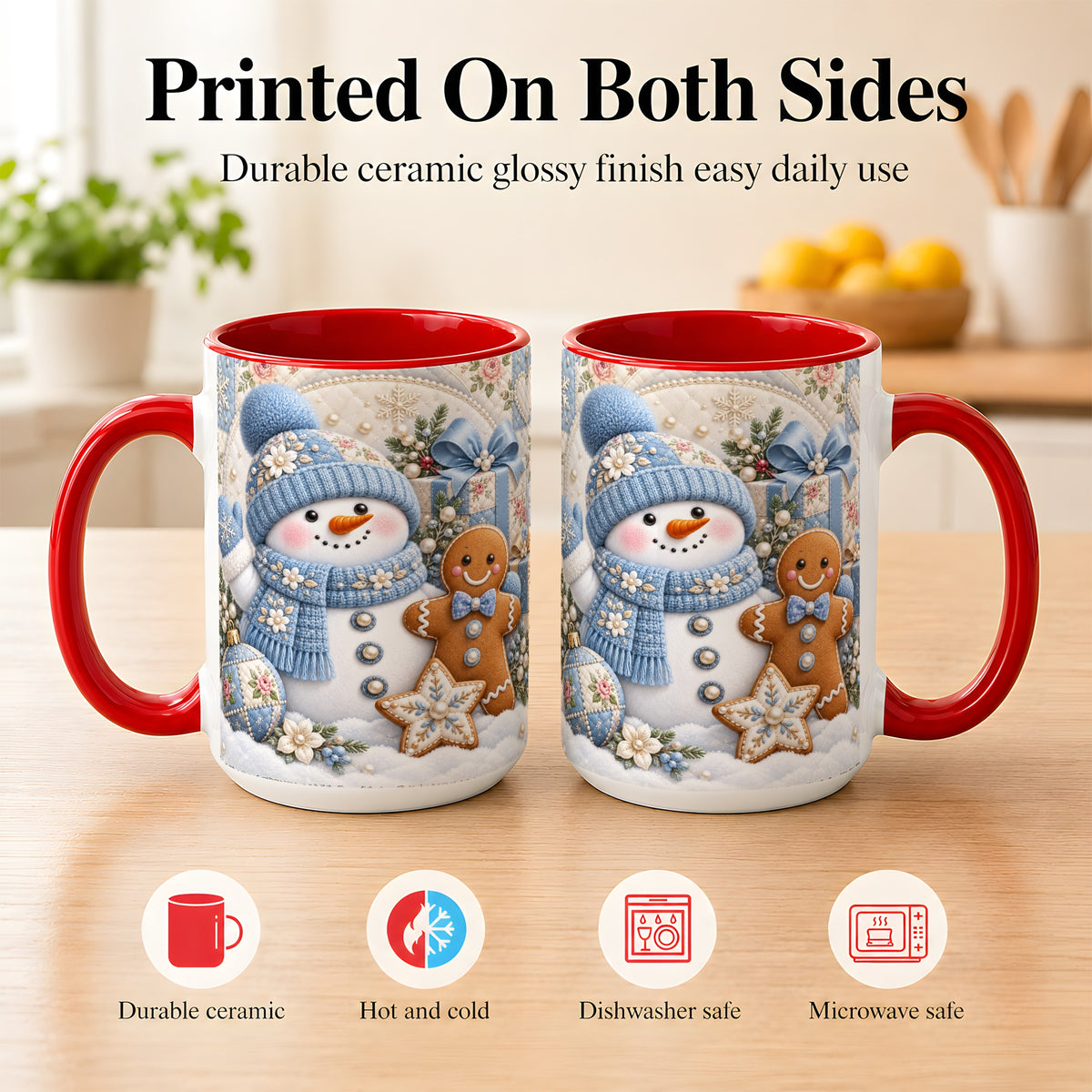 #pl[15oz|Red] Snowman Gingerbread Coffee Mug, Winter Snowman Mug, Ceramic Cup