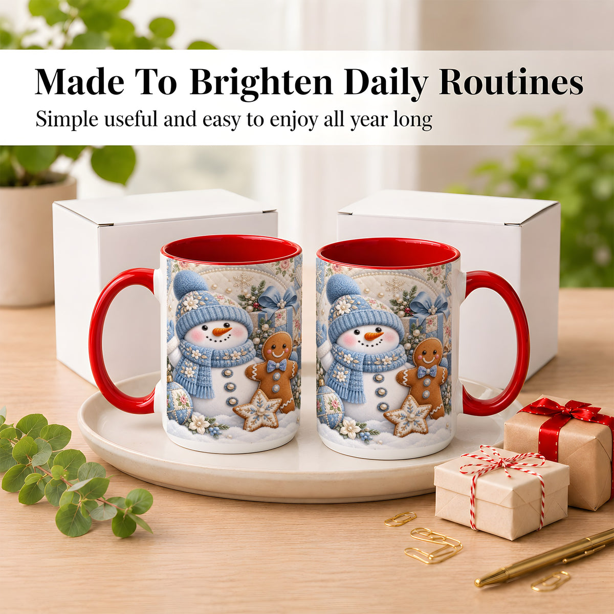 #pl[15oz|Red] Snowman Gingerbread Coffee Mug, Winter Snowman Mug, Ceramic Cup