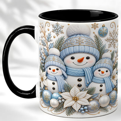 #pl[11oz|Black] Snowman Family Coffee Mug, Blue Winter Snowman Mug, Ceramic Cup