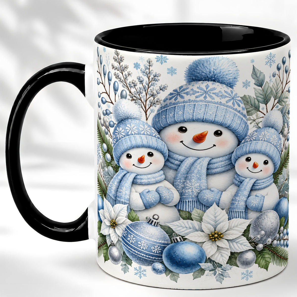 #pl[11oz|Black] Snowman Family Coffee Mug, Watercolor Winter Snowman Mug, Ceramic Cup